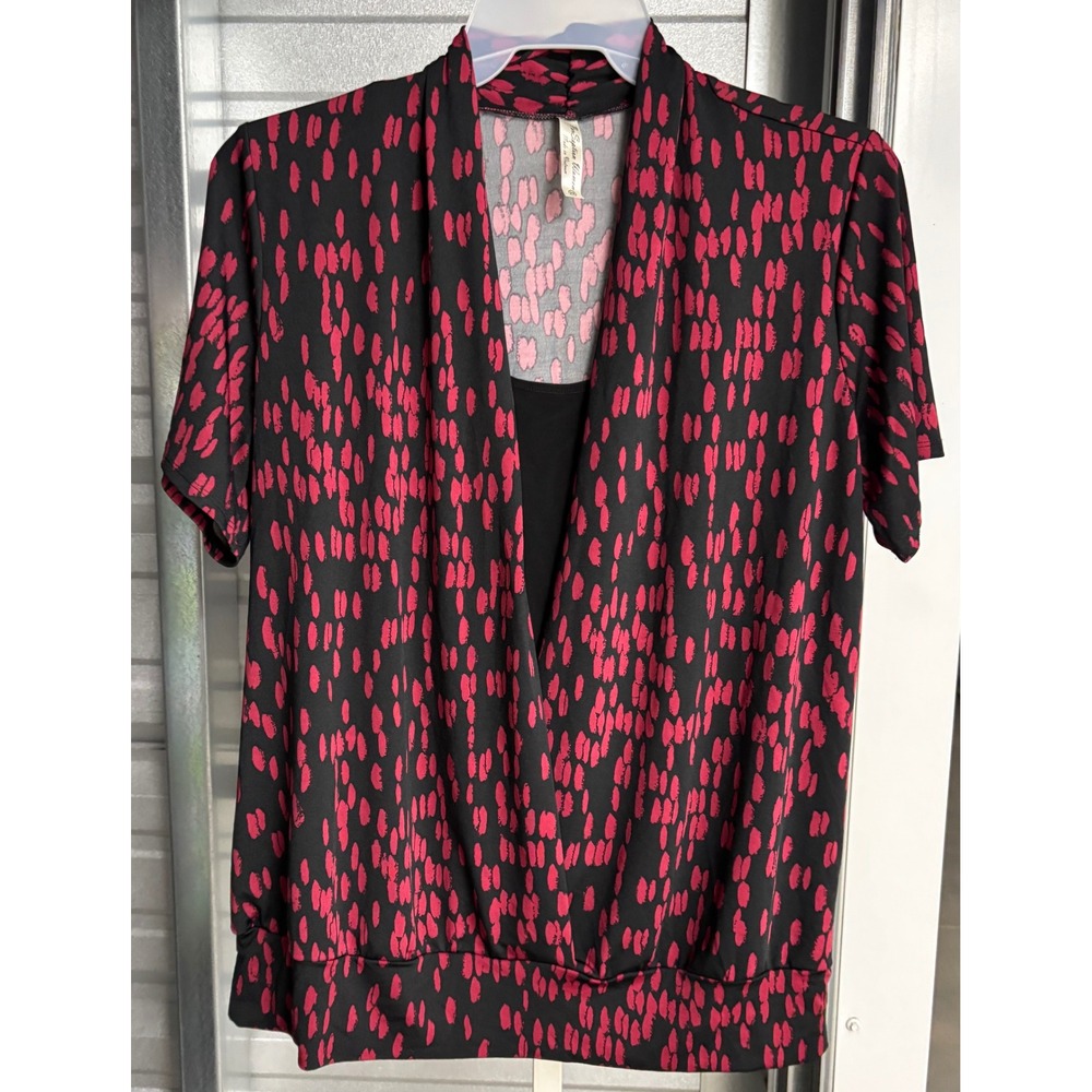 Perception Women Pink Black Abstract Print Surplice Blouse 2X